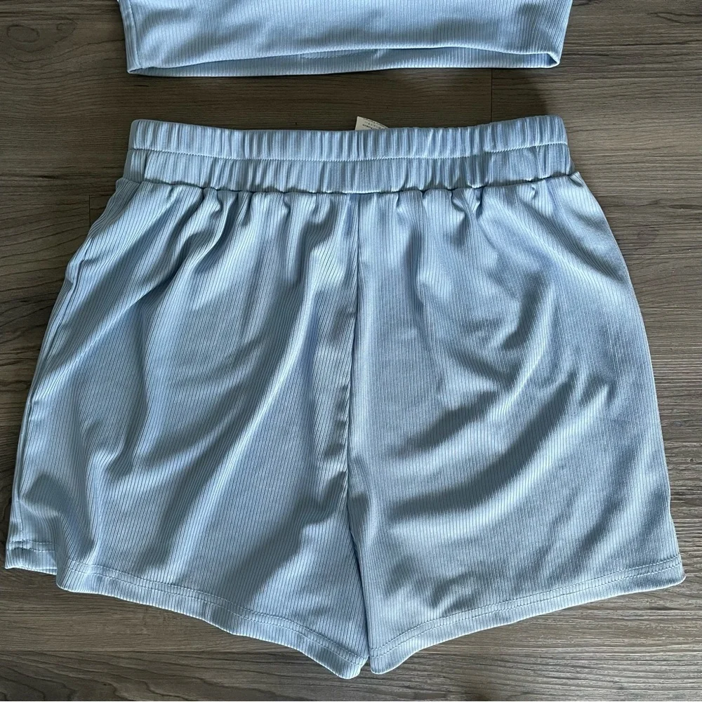 Women’s Blue Lounge Set XS Matching Sports Bra Shorts Soft Ribbed Activewear